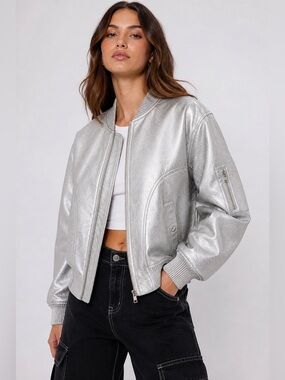 BLANKNYC Silver Metallic Faux Leather Bomber Jacket Size M